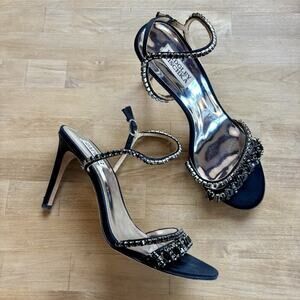 Badgley Mischka Marina 8.5 Stiletto Black Jeweled Gem Rhinestone Heel Sandals